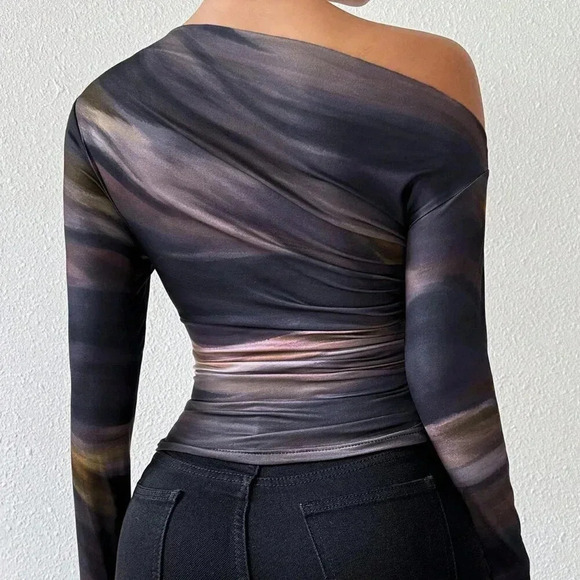 Casual Women's Marble Gradient Print Asymmetrical Neck top - Picture 2 of 6